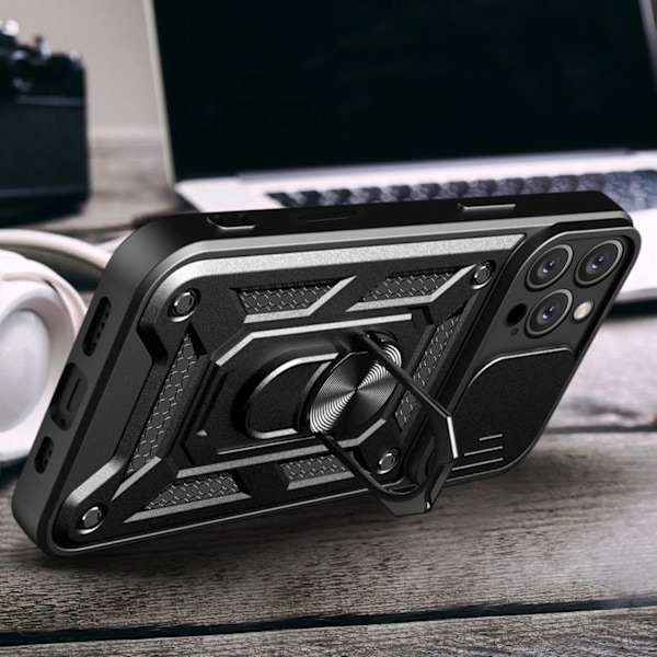 Hybrid Armor Camshield Etui til iPhone 16 Pro Max med linsebeskyttelse og stand - Sort