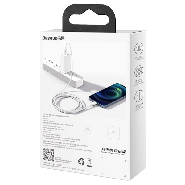 Baseus Superior USB till Lightning-kabel 2/4A 2m Vit (CALYS-C02)