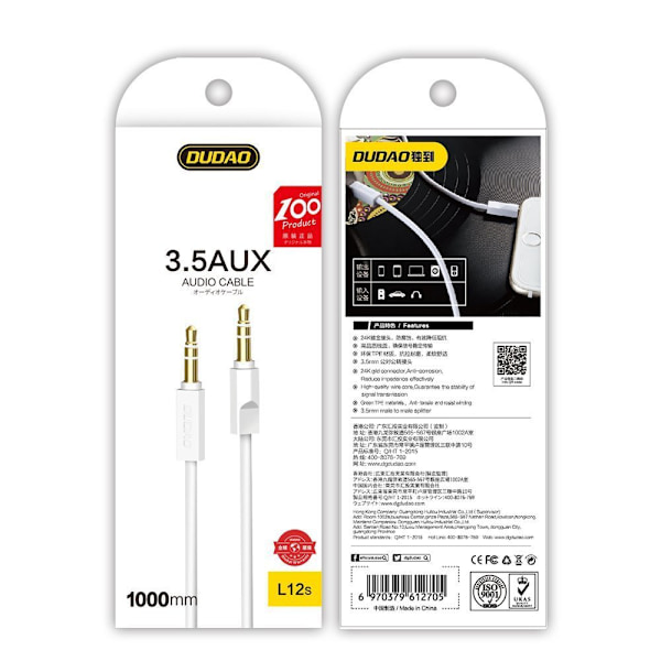 Dudao 3/5mm Stereo AUX-kabel/ 1m/ 3-polig/ Vit (L12S)