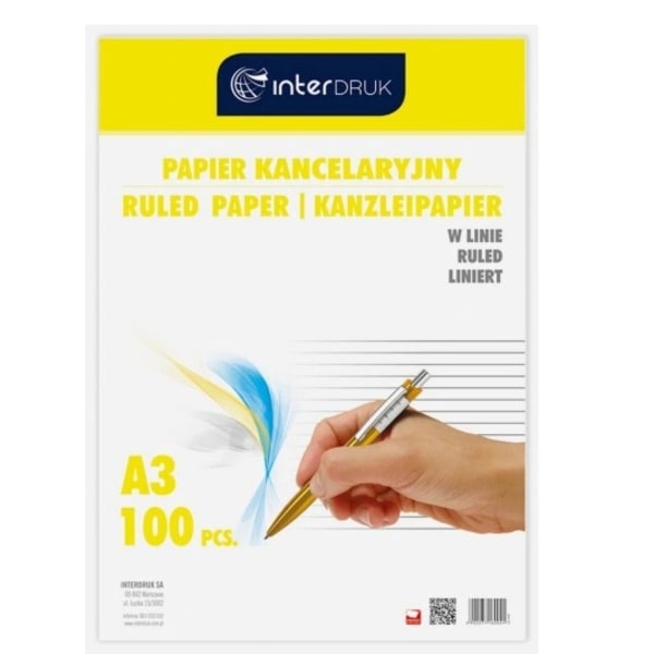 Premium A3 Kontorspapper/ Linjerat/ 80g/ 100 ark - Vit Färg