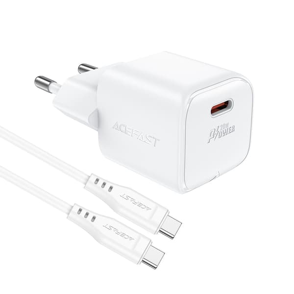 Acefast A73 Mini PD 20W GaN Väggladdare + USB-C kabel - Vit