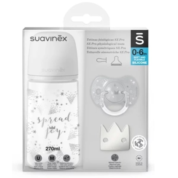 Suavinex/ Flaskset 270 ml + Napp 0-6m + Klämma Grå Krona