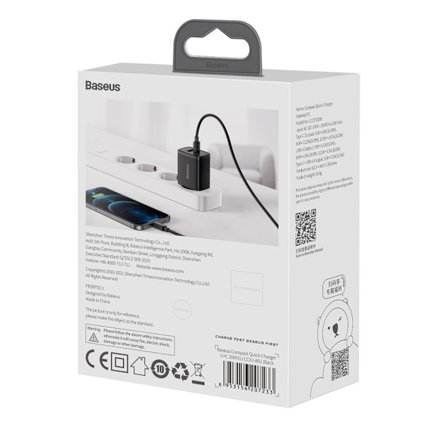 Baseus Kompakt Snabbladdare USB / USB Typ C 20W 3A Power Deliver