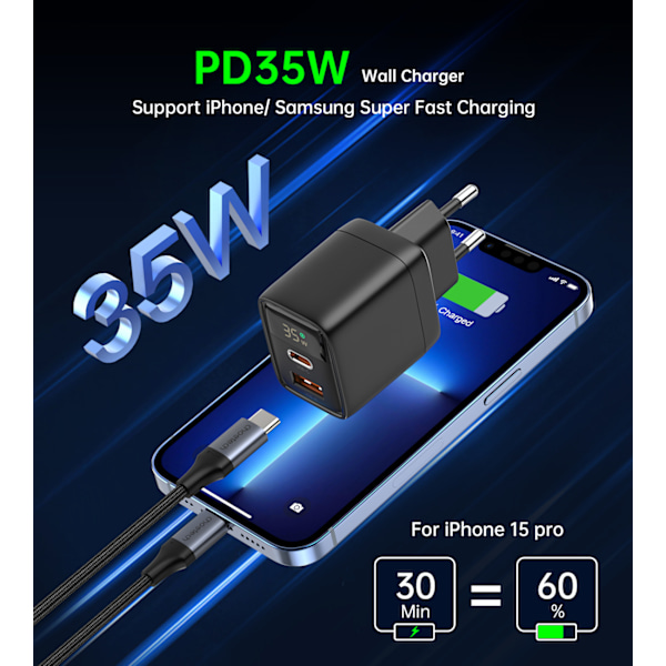 Choetech PD6052 Väggladdare USB-C USB-A 35W GaN med Display - Sv