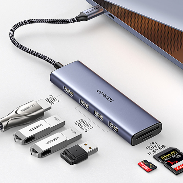Ugreen CM511 6-i-1 USB-C Hub: HDMI / 3x USB-A 3.0 / SD/TF-kortlä
