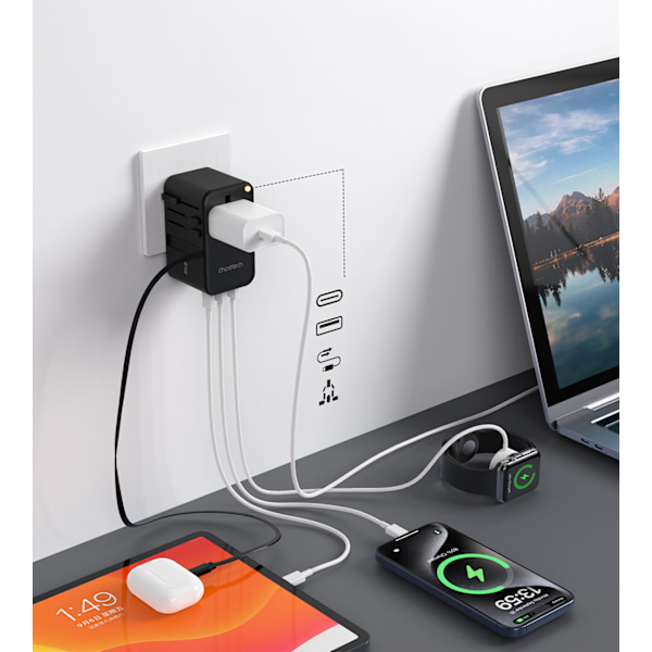 Choetech PD5022 70W Reseadapter med integrerad USB-C-kabel EU/US