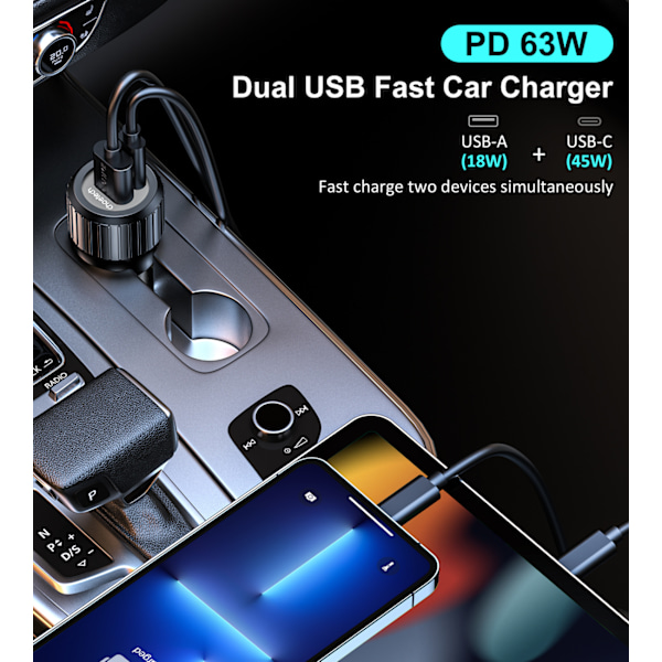 Choetech TC0010 Bil laddare USB-C USB-A PD 63W - Svart
