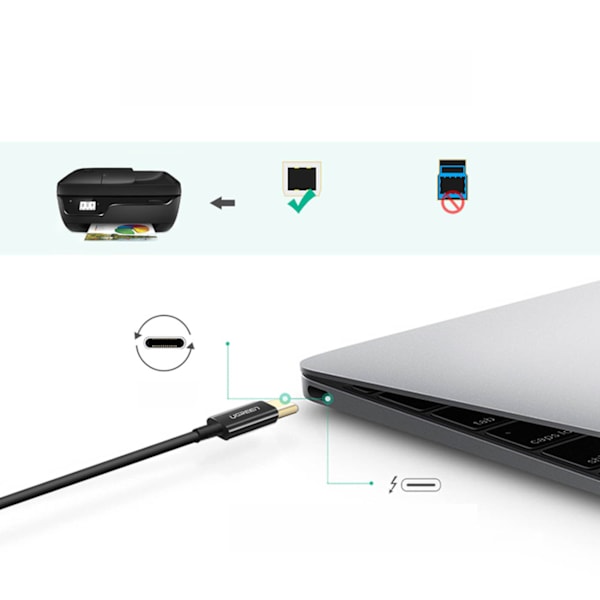 Ugreen USB-C till USB-B Skrivarkabel 480Mb/s 2m Svart (US241)