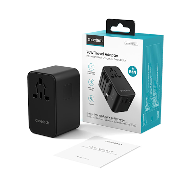 Choetech PD5022 70W Reseadapter med integrerad USB-C-kabel EU/US