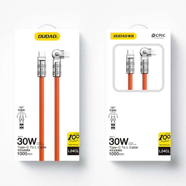 Dudao L24CL USB-C till Lightning Vinkelkabel 180° 30W 1m - Orang