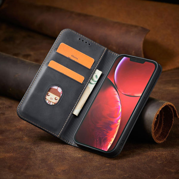 iPhone 14 Magnetisk Flip-fodral med Korthållare & Stativ - Svart