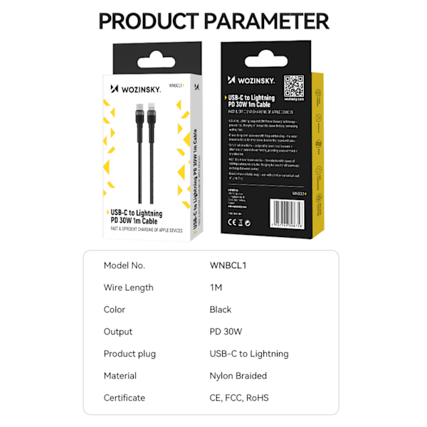Wozinsky USB-C till Lightning Kabel 30W PD/ 1m - Svart