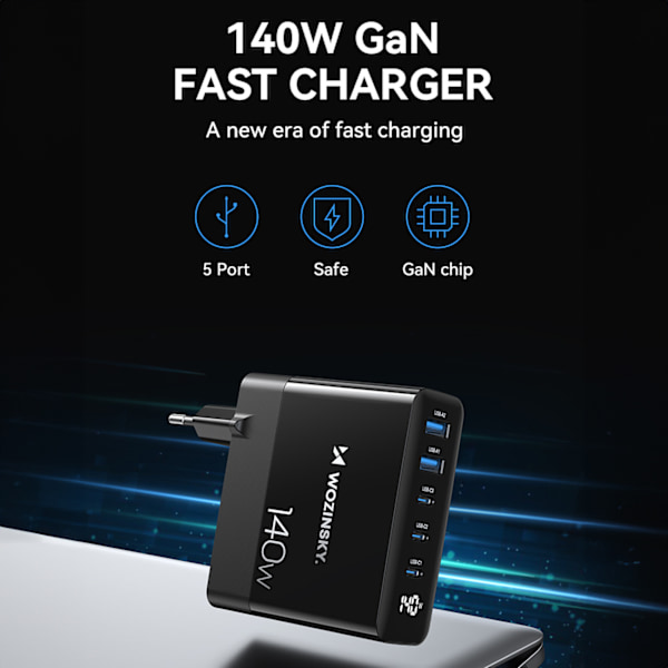 Wozinsky GaN Väggladdare 140W/ 3x USB-C / 2x USB-A - Svart