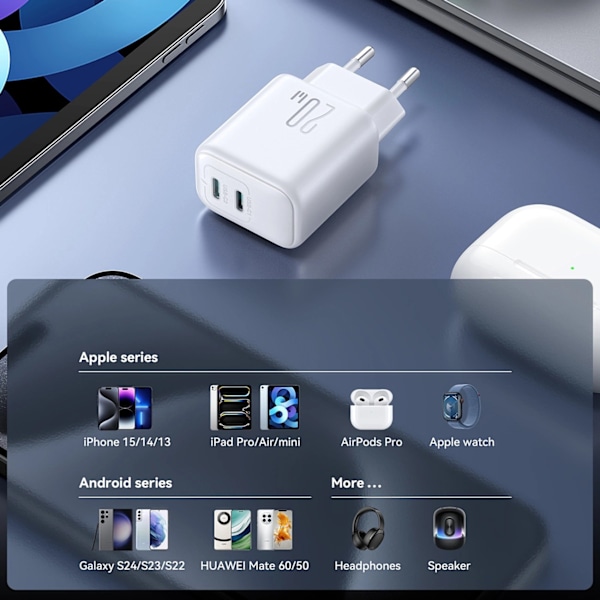 Joyroom JR-TCF12 Väggladdare 2x USB-C 20W PD/QC 3.0 - Vit