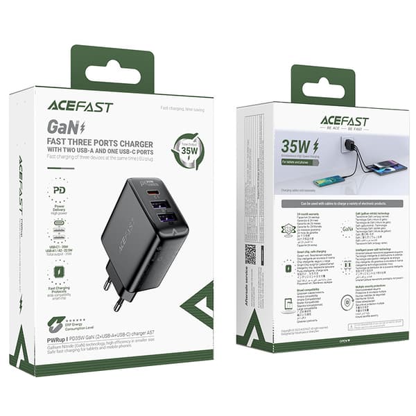 Acefast A57 GaN 35W USB-A & USB-C Laddare/ 3 portar/ Svart