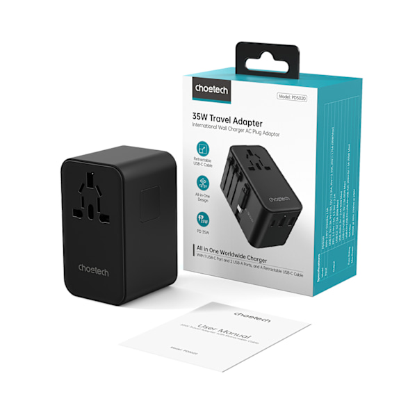 Choetech PD5020 Reseadapter 35W EU/US/AUS/UK med inbyggd USB-C-k
