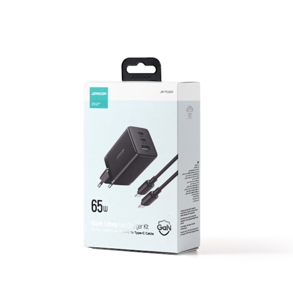 Joyroom Snabbladdare GaN 65W USB-A/ 2x USB-C Svart + USB-C till