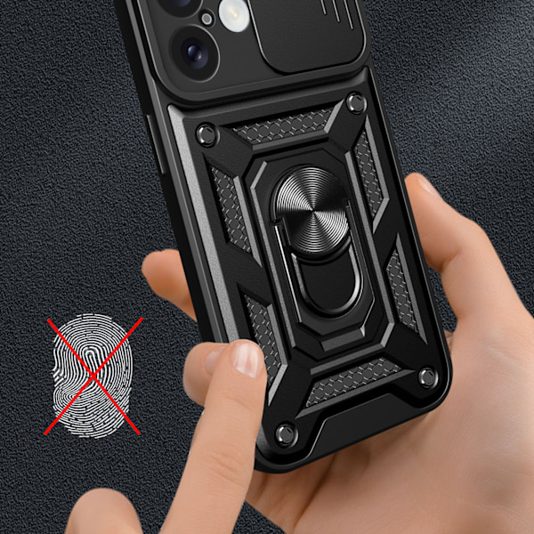 iPhone 16 Camshield Hybrid Armor Cover med Kamera Beskyttelse og Stander - Sort