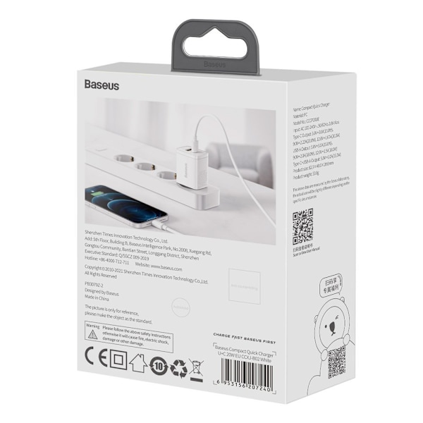 Baseus Compact 20W USB-A/USB-C Snabbladdare PD QC 3.0 Vit CCXJ-B