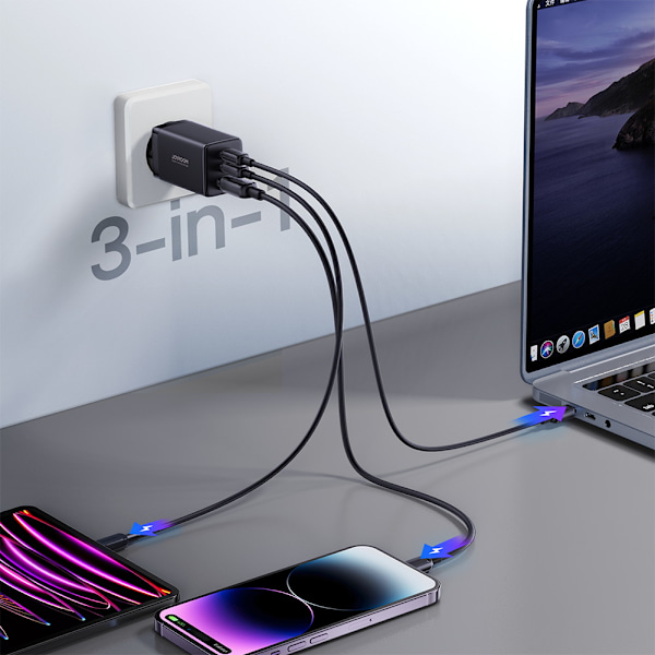 Joyroom Snabbladdare GaN 65W USB-A/ 2x USB-C Svart + USB-C till