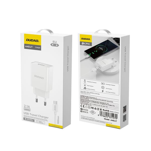 Dudao A4EU Väggladdare USB-A 2.1A Vit med USB-A till USB-C Kabel
