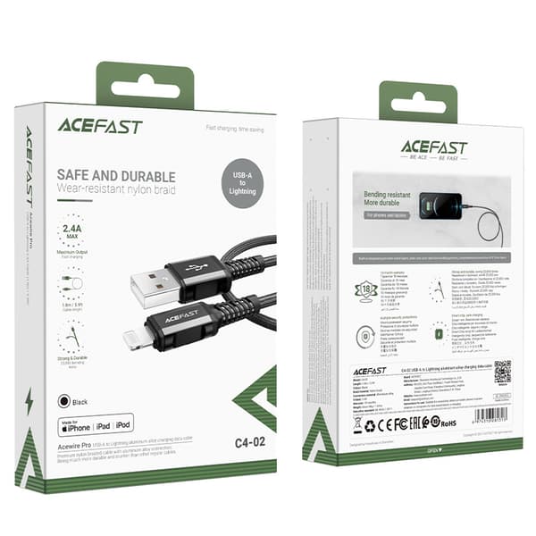 Acefast MFI Certifierad USB till Lightning Kabel 1/8m/ 2/4A Svar