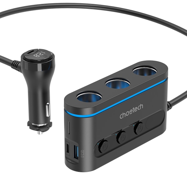 Choetech TC0021 Billaddare med 2x USB-C PD & 1x USB-A QC och 3 c