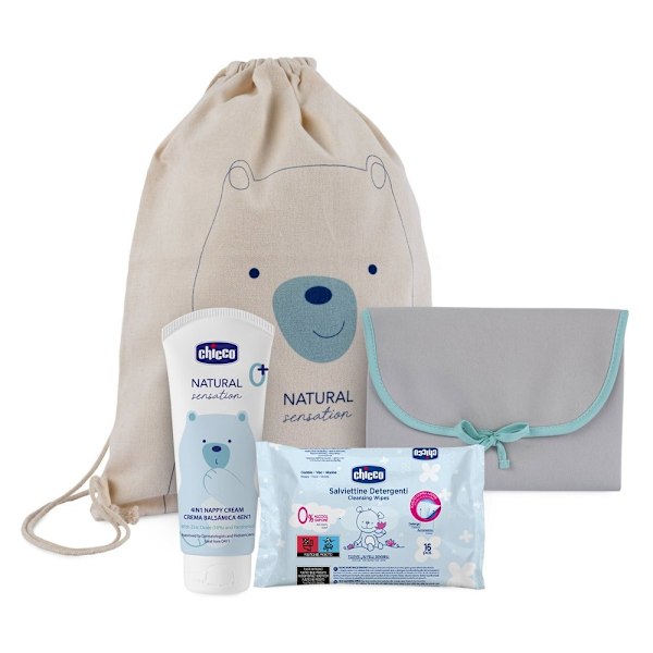Chicco Naturlig Vård Blöjbyte Set: 4-i-1 Kräm 100ml + 16 Rengöri