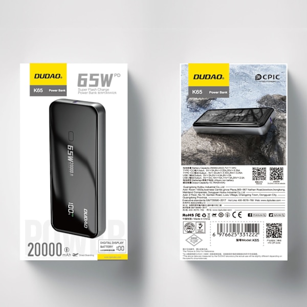 Dudao K65 Powerbank 20000mAh/ 65W med display - 1x USB-C/ 2x USB