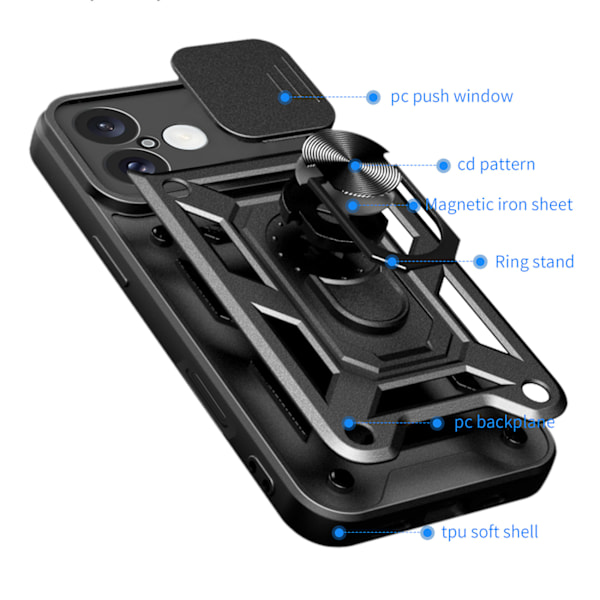 iPhone 16 Camshield Hybrid Armor Cover med Kamera Beskyttelse og Stander - Sort