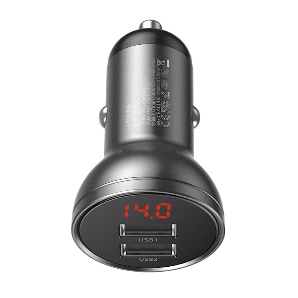 Baseus bil-laddare 2x USB 4/8A 24W med LCD grå (CCBX-0G)