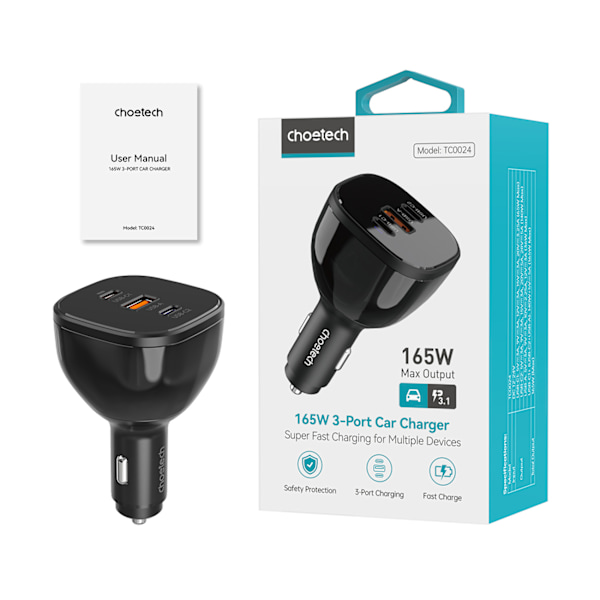 Choetech TC0024 Billaddare 160W för Bil - 2x USB-C PD 3.1/ 1x US