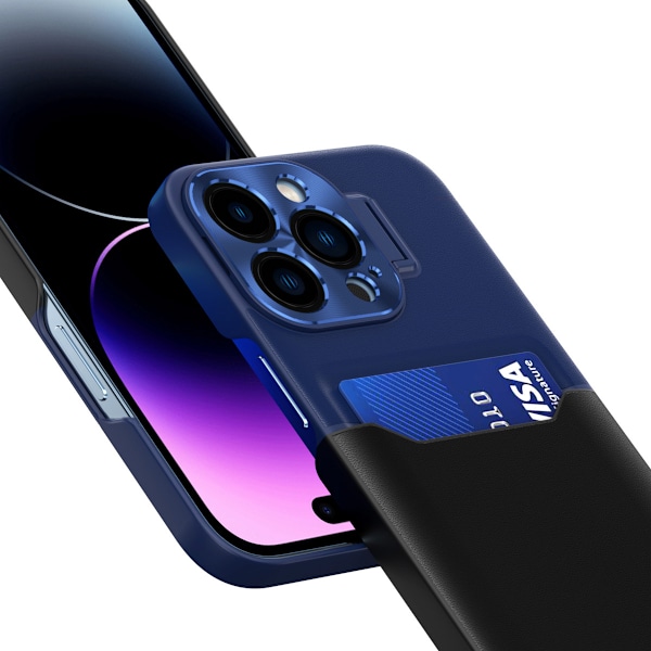 Läderfodral med stativ för iPhone 14 Plus - blått plånboksfodral