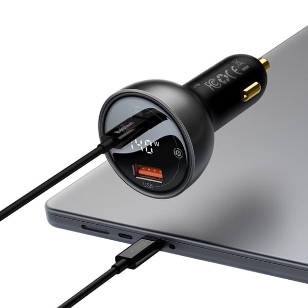 Baseus Digital Display Biladapter USB-A/USB-C PD 140W - Svart +