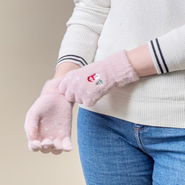 Vintertelefonhandskar för kvinnor med snögubbe och gran - rosa