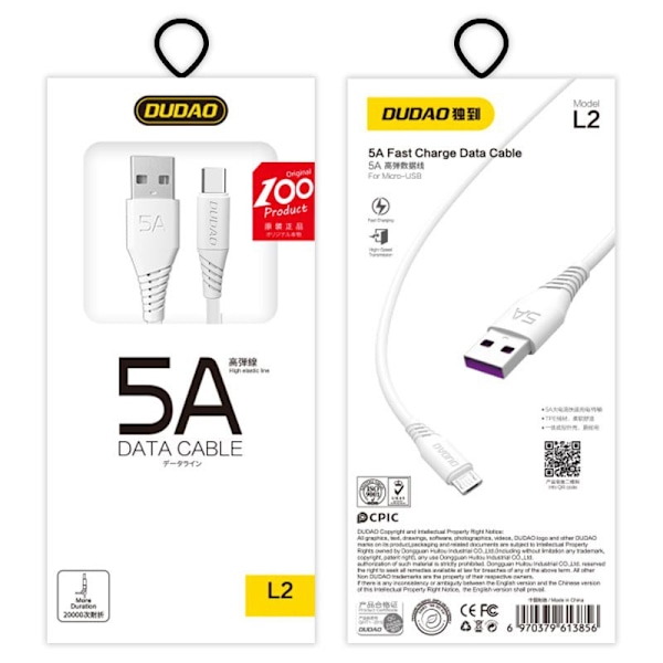 Dudao USB/USB Typ C Kabel 5A 2m Vit (L2T 2m Vit)