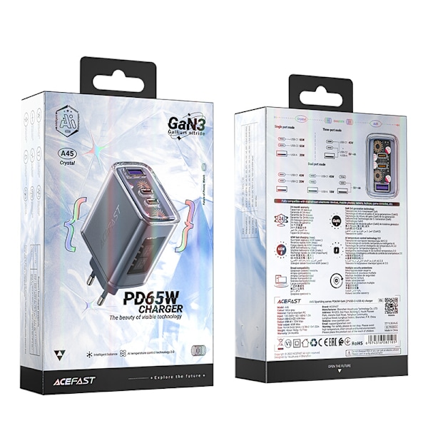 Acefast GaN-laddare 65W 3 portar (1xUSB/ 2xUSB C) grå (A45)