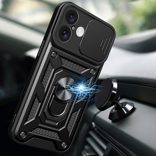 Beskyttende Hybrid Armor Etui med Kameraskærm & Stand til iPhone 16 Plus - Sort