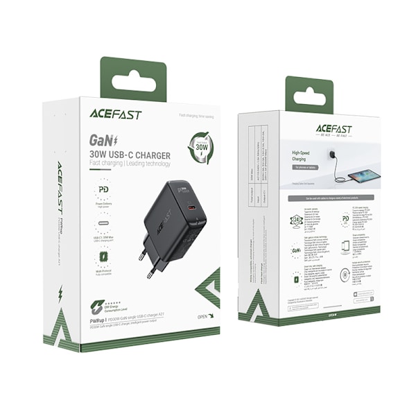 Acefast GaN Väggladdare USB-C 30W/ PD/ QC 3.0/ AFC/ FCP Svart (A