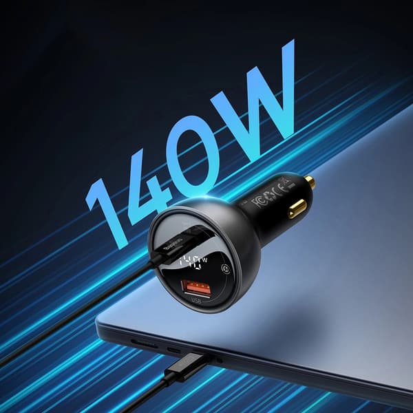 Baseus Digital Display Biladapter USB-A/USB-C PD 140W - Svart +