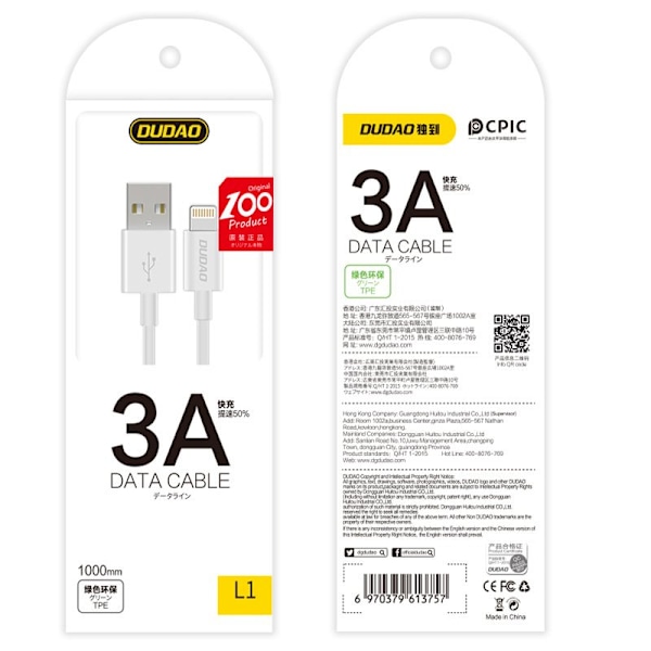 Dudao USB / Lightning-kabel 3A 1m vit (L1L white)
