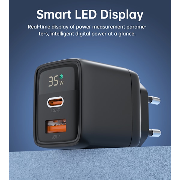 Choetech PD6052 Väggladdare USB-C USB-A 35W GaN med Display - Sv