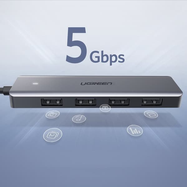 Ugreen USB Hub med 4x USB 3.2 Gen 1 och micro USB-strömport/ Grå
