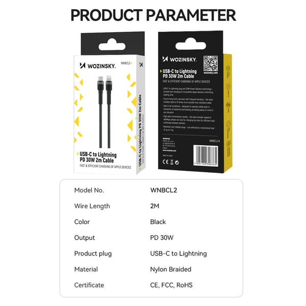 Wozinsky USB-C till Lightning Snabbladdningskabel 2m Svart 30W