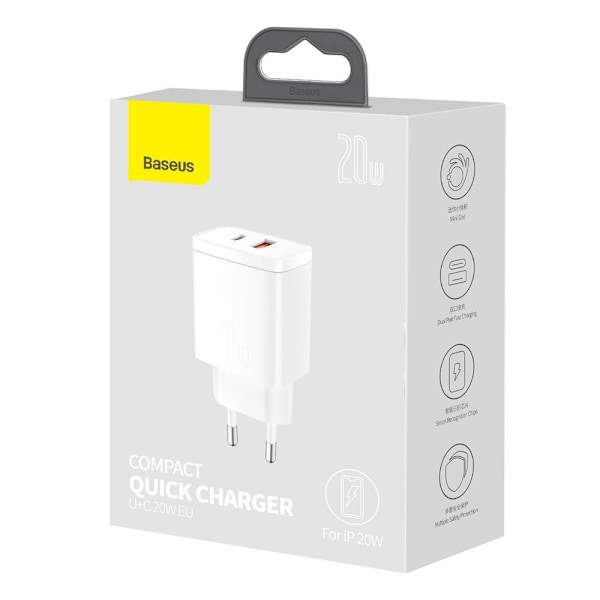 Baseus Compact 20W USB-A/USB-C Snabbladdare PD QC 3.0 Vit CCXJ-B