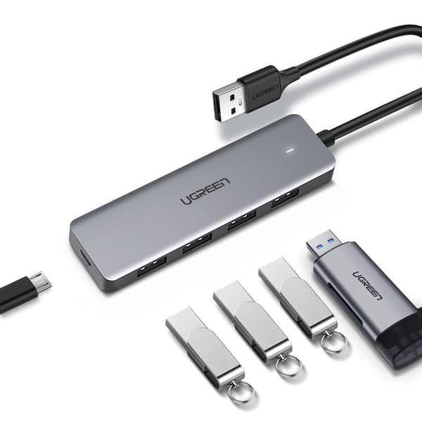 Ugreen USB Hub med 4x USB 3.2 Gen 1 och micro USB-strömport/ Grå