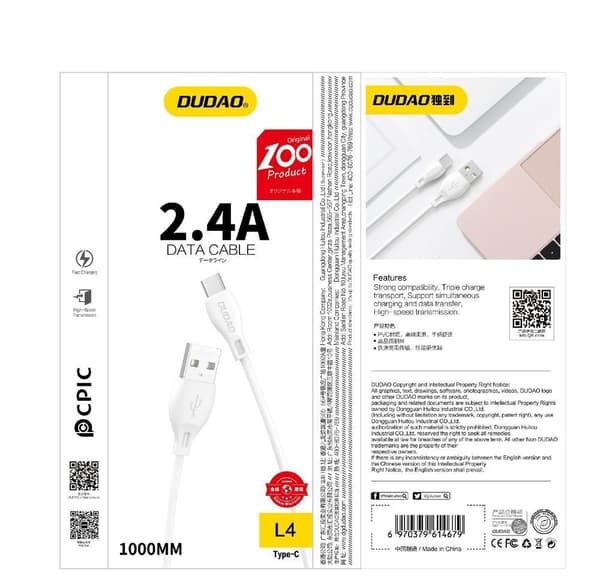 Dudao USB till Lightning-kabel 2.4A 1m Vit (L4L)