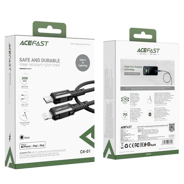 Acefast C4-01 Lightning till USB-C PD Kabel 30W 3A 480Mb/s 1/8m