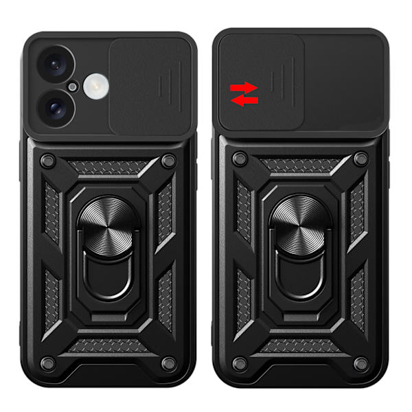 Beskyttende Hybrid Armor Etui med Kameraskærm & Stand til iPhone 16 Plus - Sort