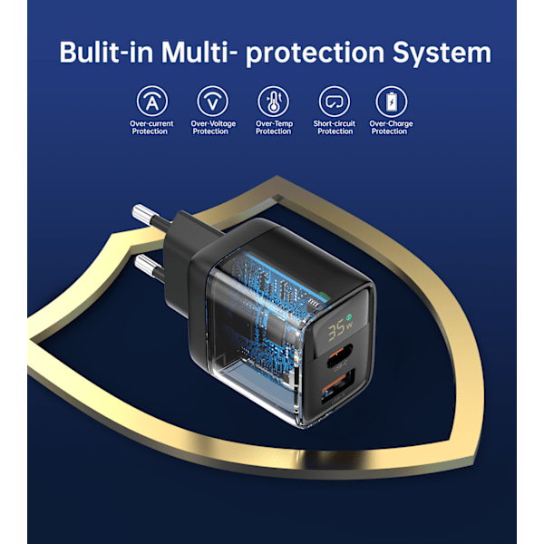 Choetech PD6052 Väggladdare USB-C USB-A 35W GaN med Display - Sv